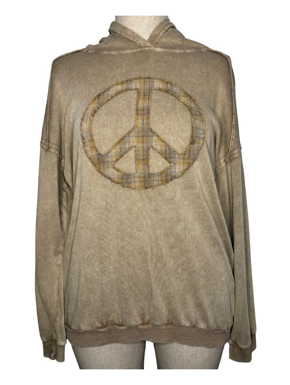 Easel Mineral Wash Peace Sign Sweatshirt Patchwork Terry Pullover Boho L